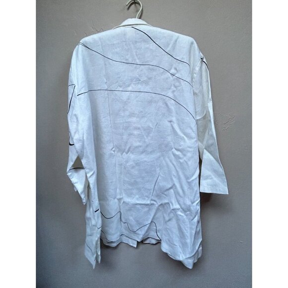 CTC Linens Womens XL Button Down Lagenlook Tunic Shirt Top White Black Print - Picture 2 of 8
